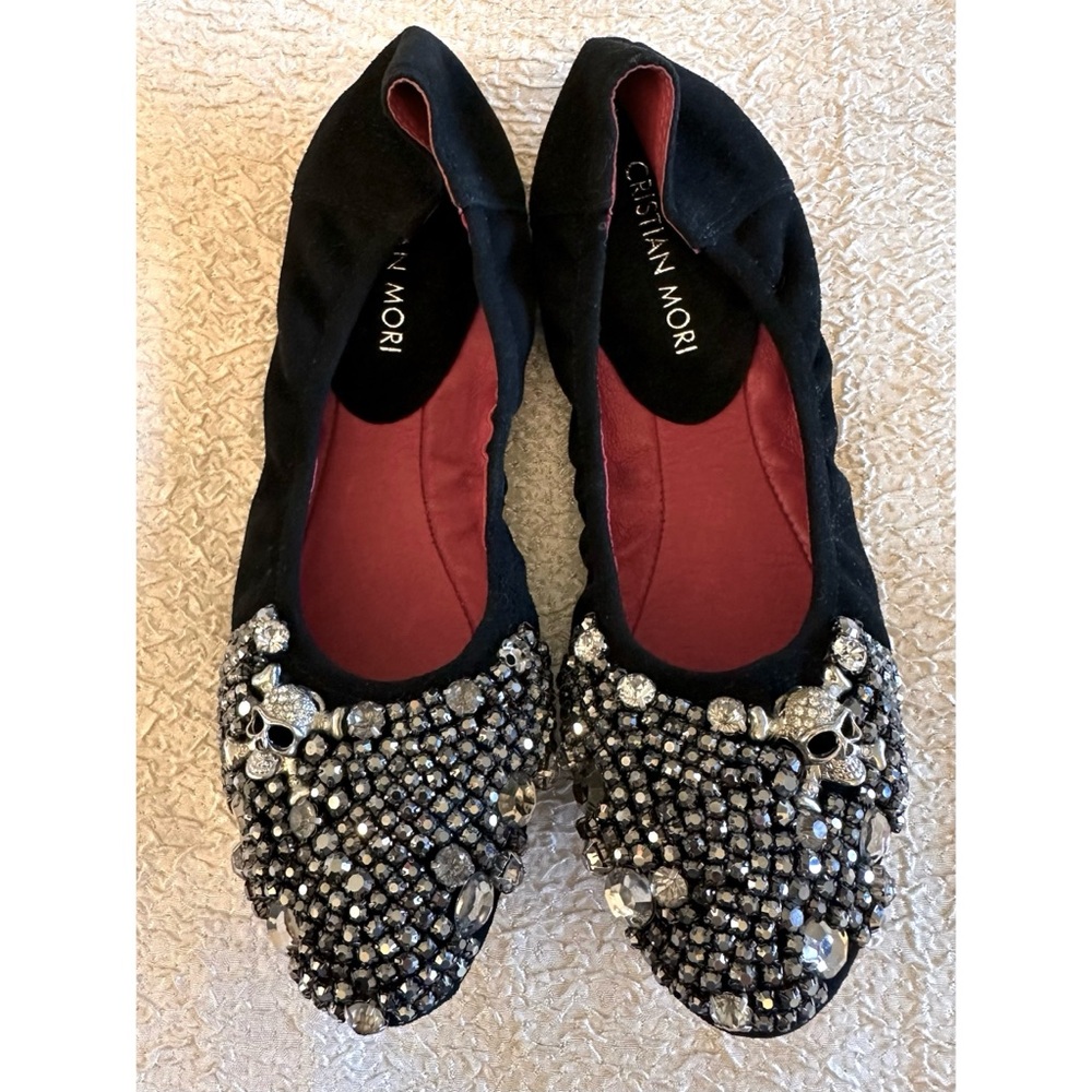 RARE! Gothic Skull Black Suede Leather Studded Ballet Flats Cristian Mori 4.5 - Picture 7 of 11